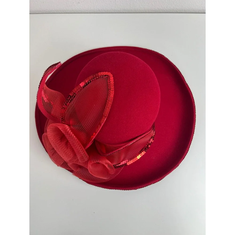 Vintage Deborah Fashions Red 100% Wool Church Formal Derby Wide Brim Hat USA